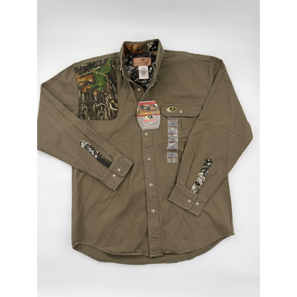 Mossy Oak Mens L/S Shooter Shirt Olive Camo Patch Hunting Button Down Size M